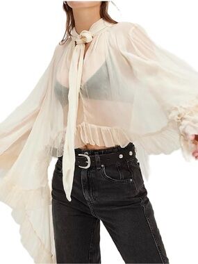 Bohemian Sheer Cream Tie-Neck Ruffle Blouse - Women's Top